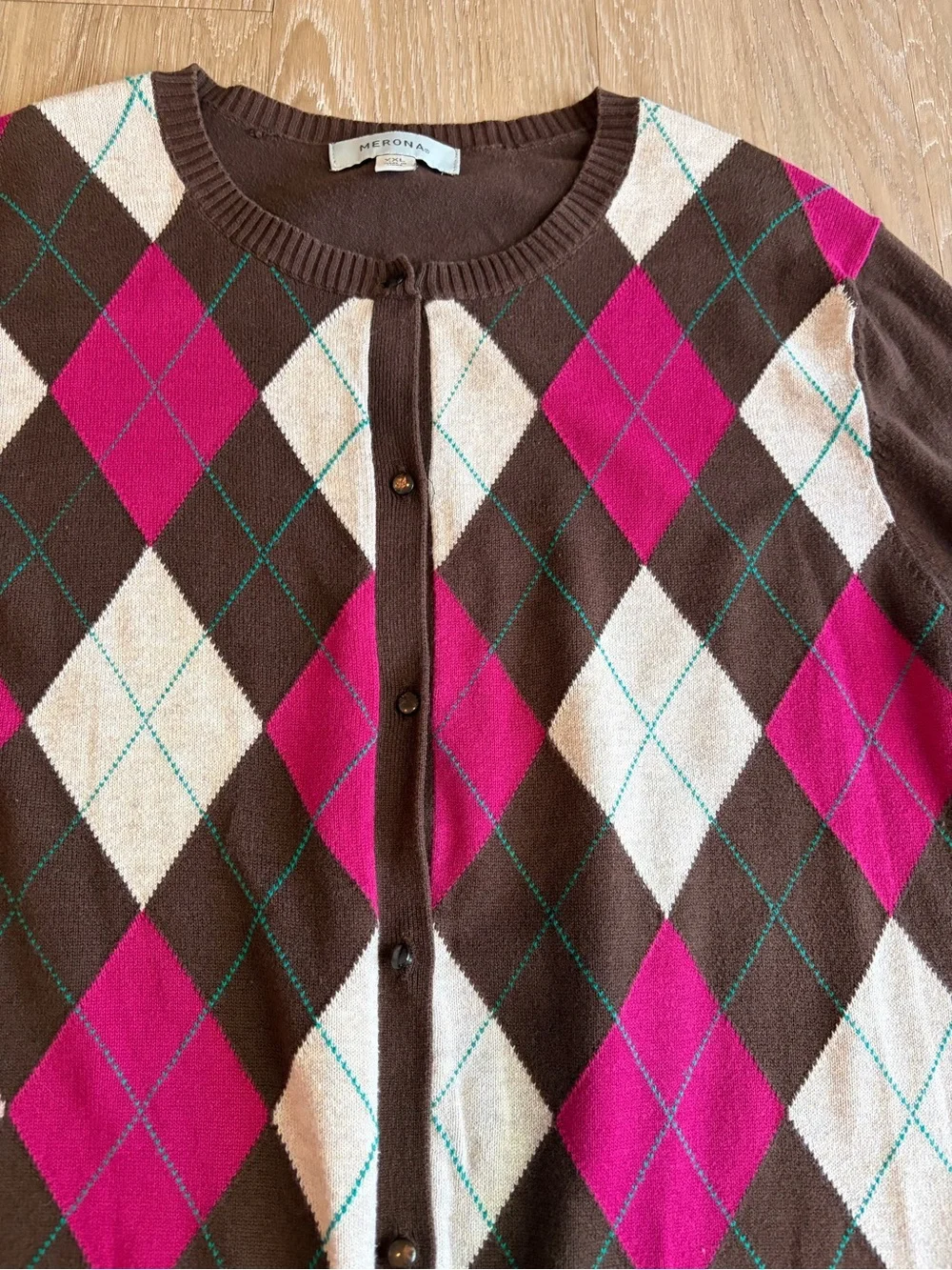 Merona Cotton Brown & Pink Argyle Button-Up Cardigan